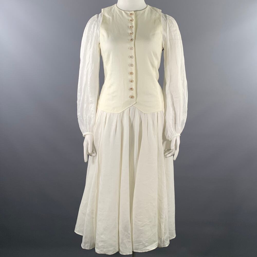 CHLOE Size L Cream Linen Ramie Twill Vest Midi Dress